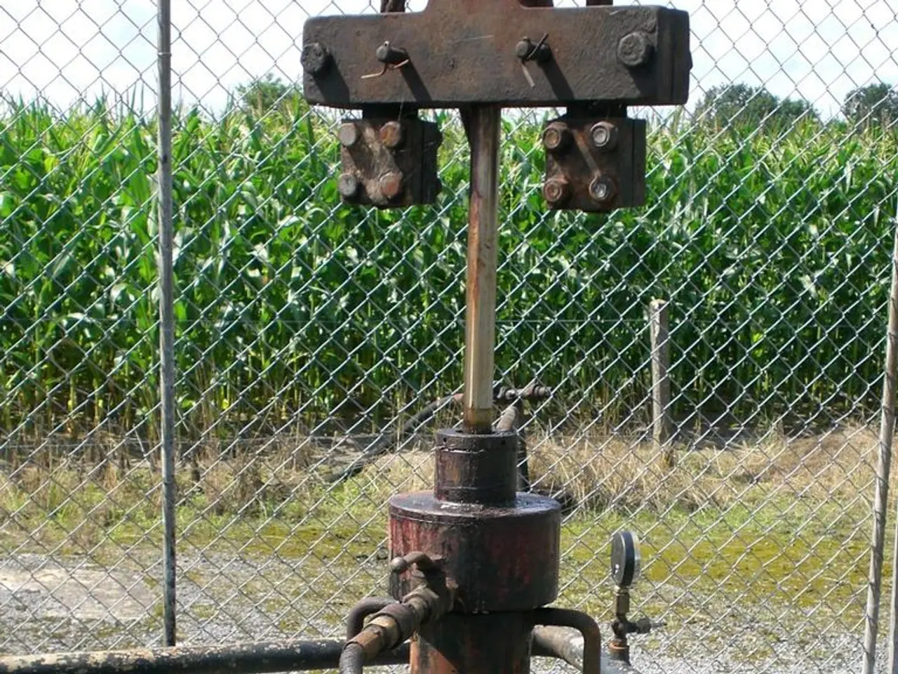 In this picture there is a machine in the foreground. There are plants and trees behind the fence....