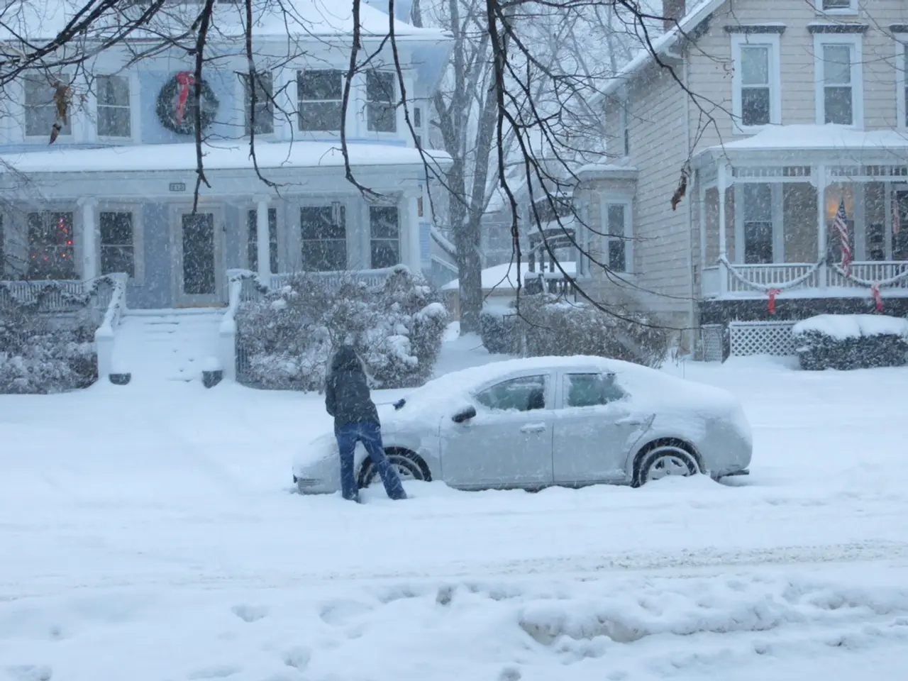 In this image I can see a car, plants, trees and buildings are covered with the snow. Here I can...