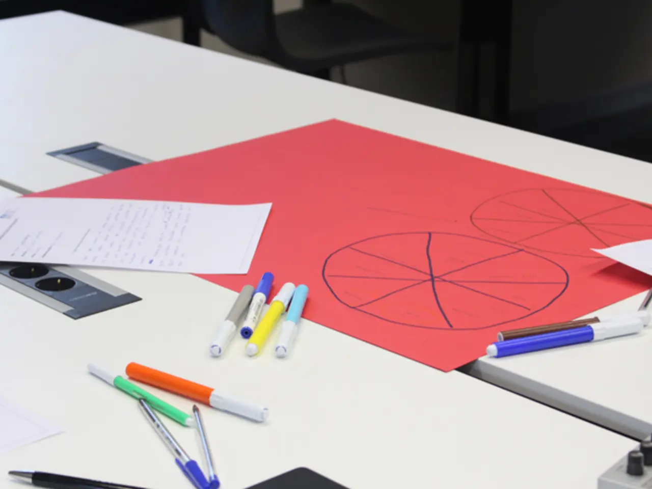 In this image there is a table on which there are pens,markers,papers,scales and a red colour chart...