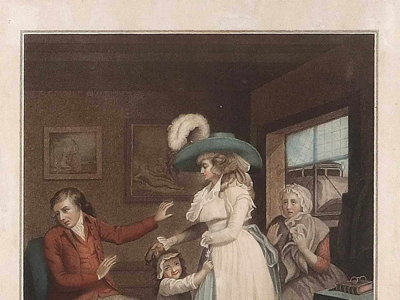 The image shows a painting of a virtuous parent, with a woman wearing a hat standing in the center,...