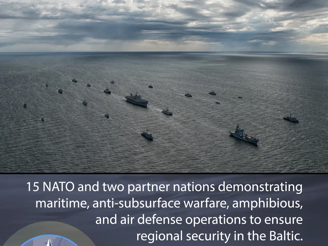 The image shows a group of ships on the water with a cloudy sky in the background. At the bottom of...