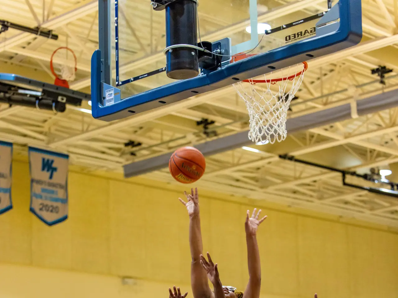 The image shows a group of women playing a game of basketball in a gymnasium with a basketball net...