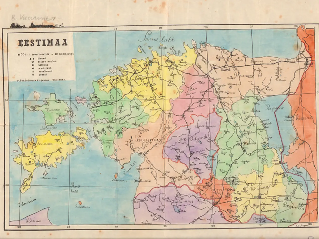 The image shows an old map of Estonia from the 19th century. It is a paper map with text written on...