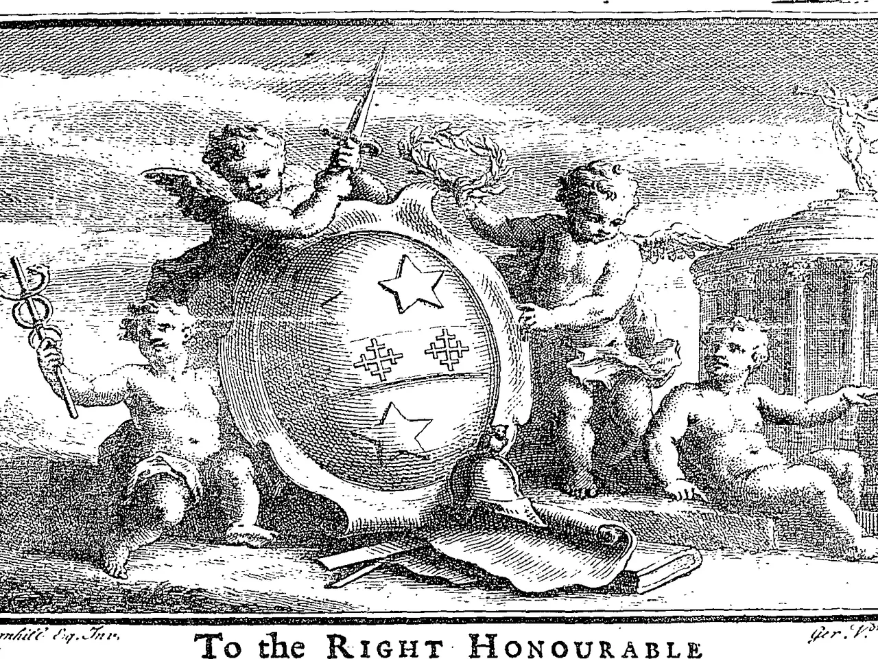 The image shows a black and white drawing of a group of people holding a shield with the words "To...