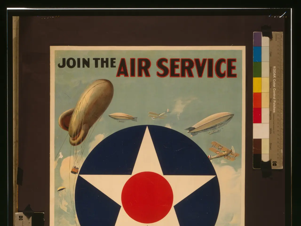 The image shows a poster with the words "Join the Air Service - Learn-Earn" written in bold, white...