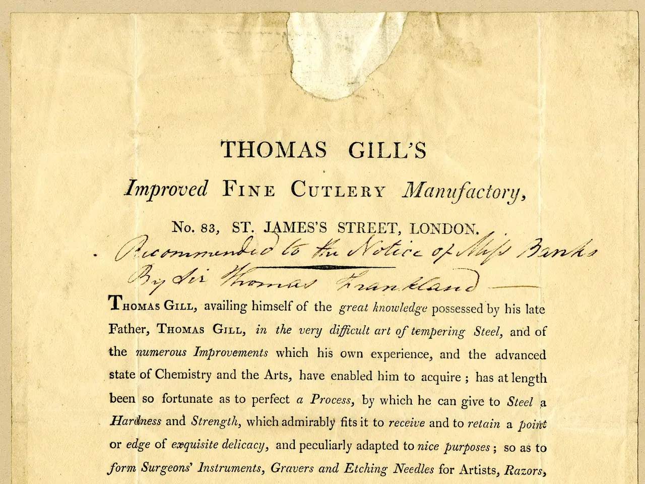 The image shows a paper with text written on it, which reads "Thomas Gill's Improved Fine Cutlery...