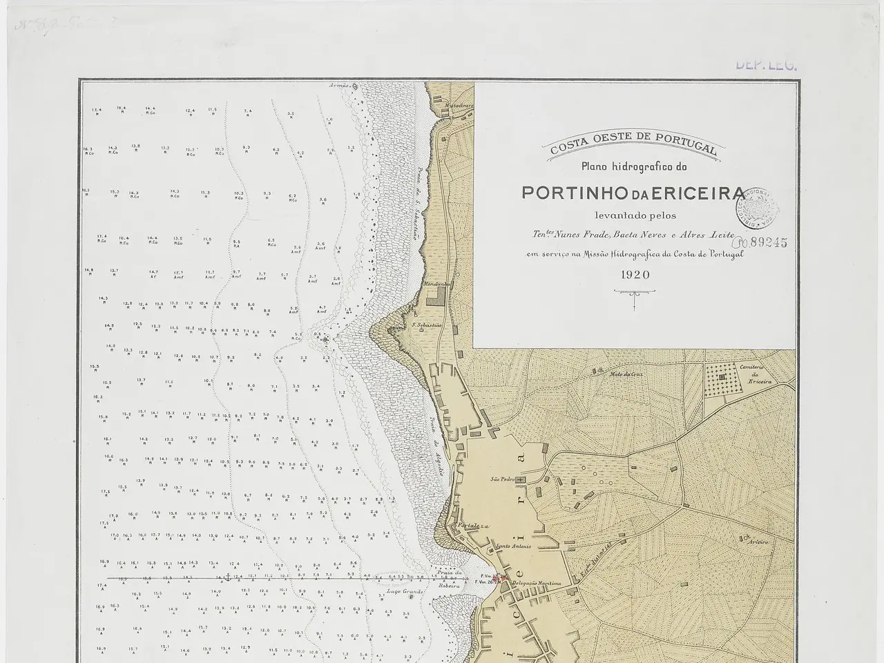 The image shows an old map of the city of Portimão da Ericeira, Portugal, with text written on it....