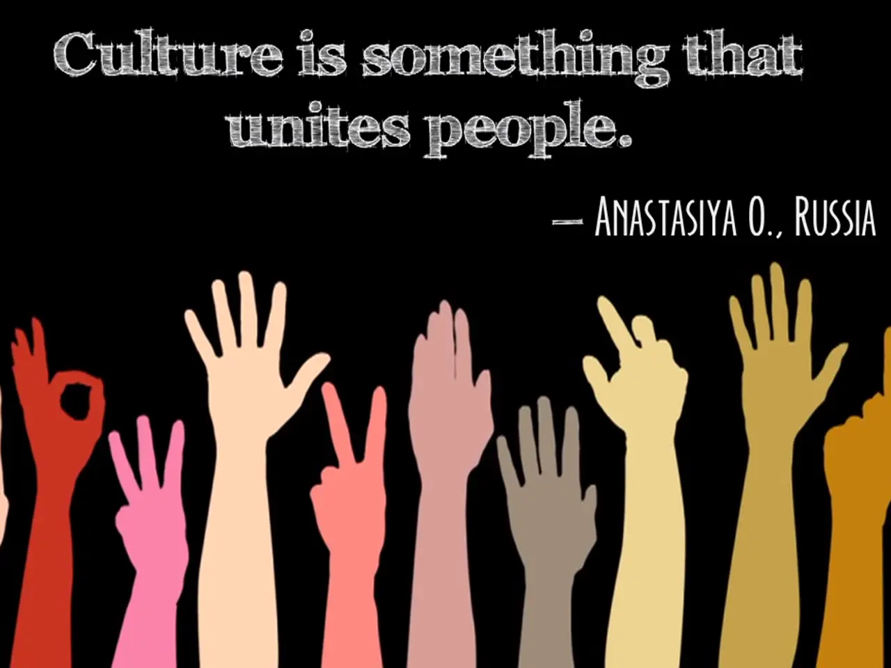The image shows a poster with many hands of different colors, with the quote "Culture is something...
