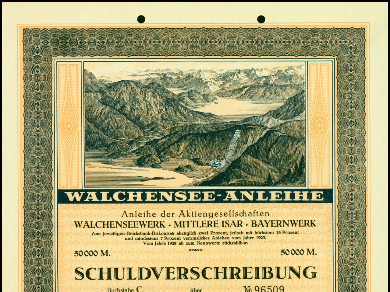 The image shows an old stock certificate with a picture of a mountain range in the background. The...