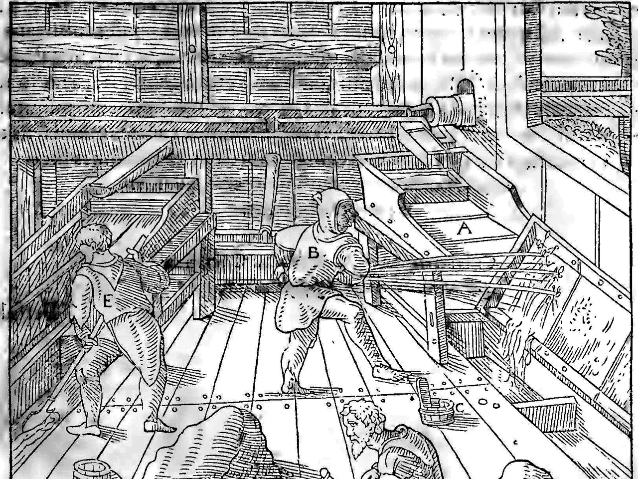 The image shows a black and white drawing of three men working in a factory, with a wall in the...
