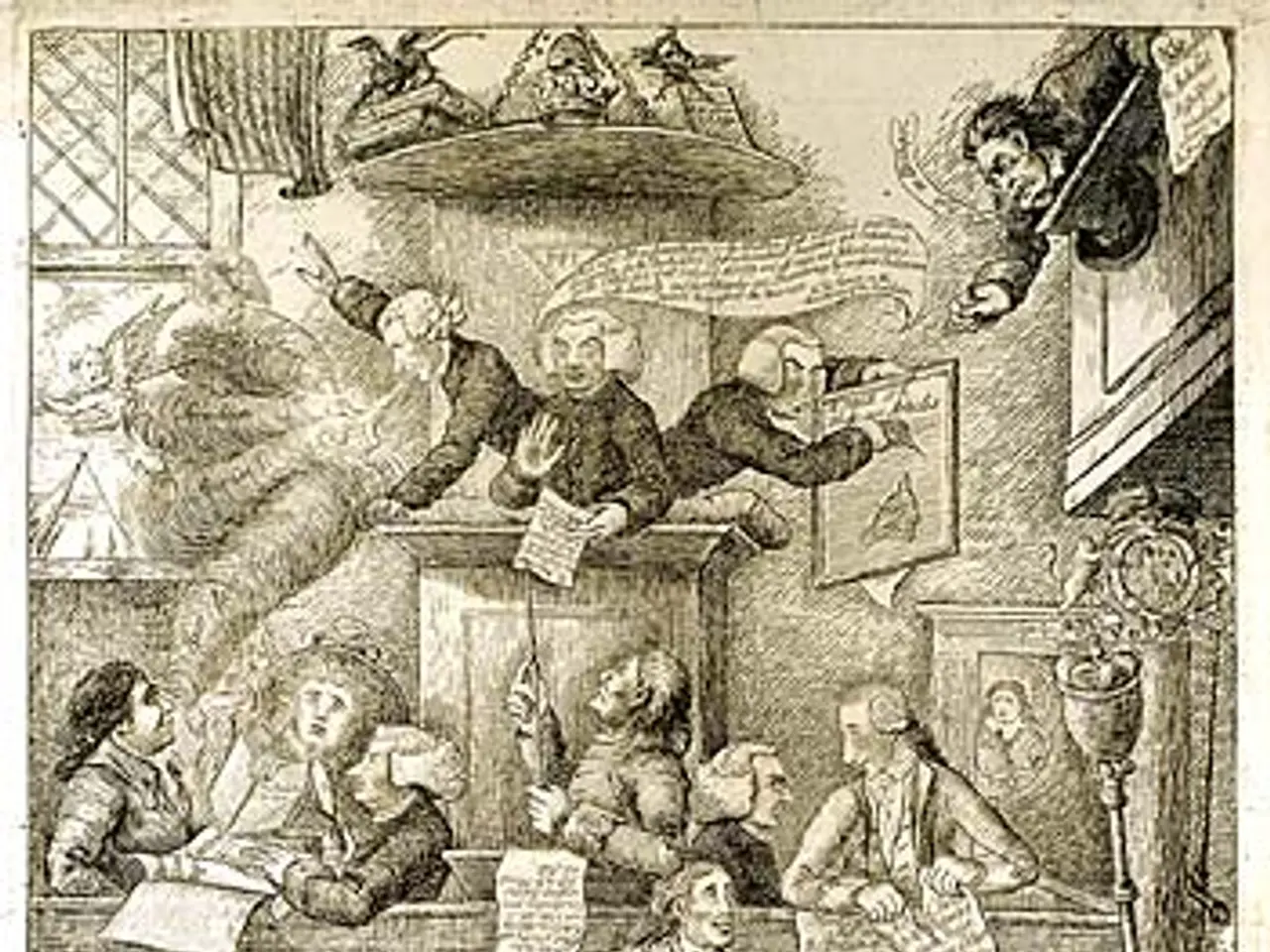 The image shows an engraving of a group of people sitting around a table in a room, with some of...