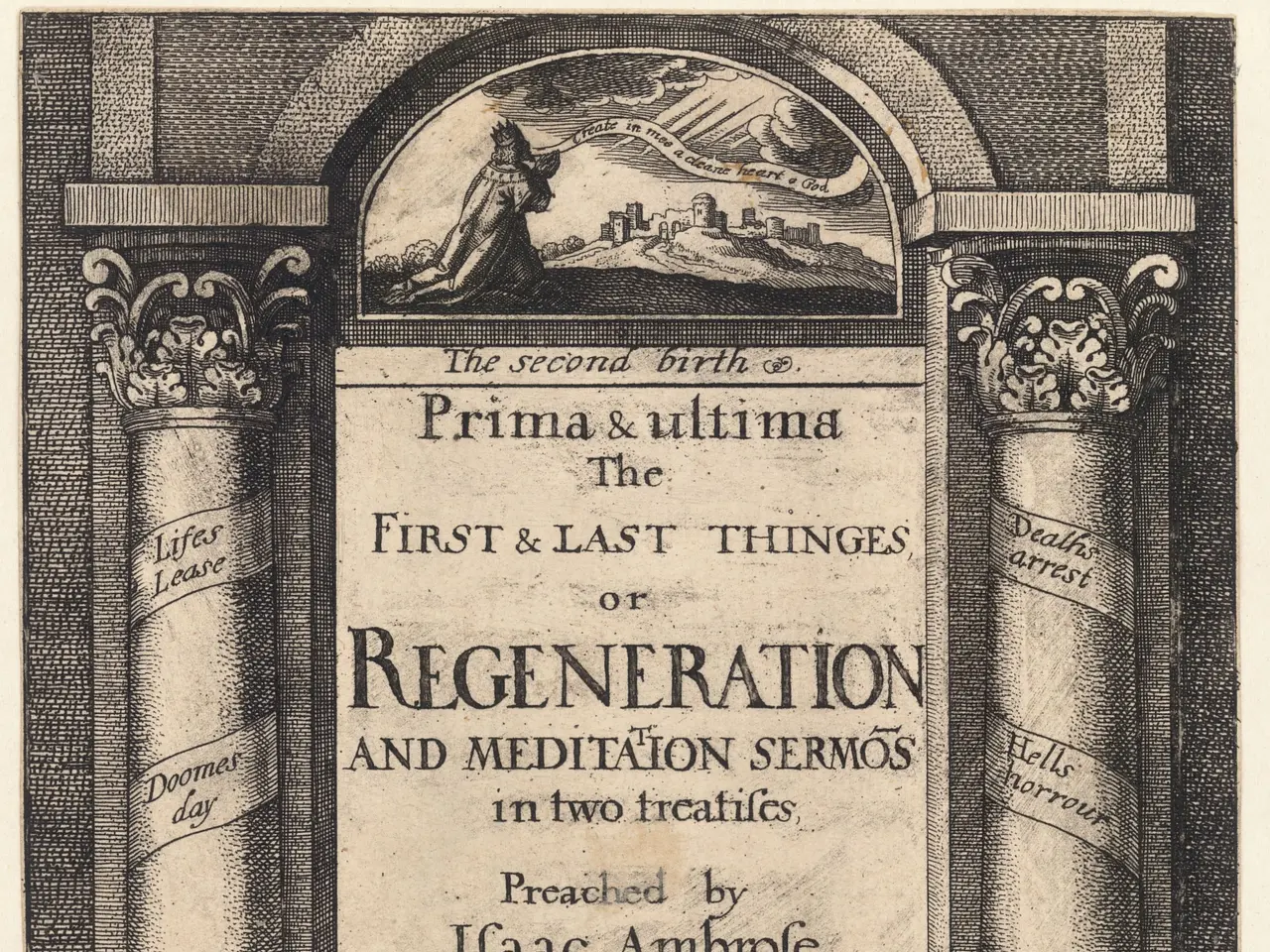 The image shows a poster with text and pillars, depicting the first and last things of regeneration...