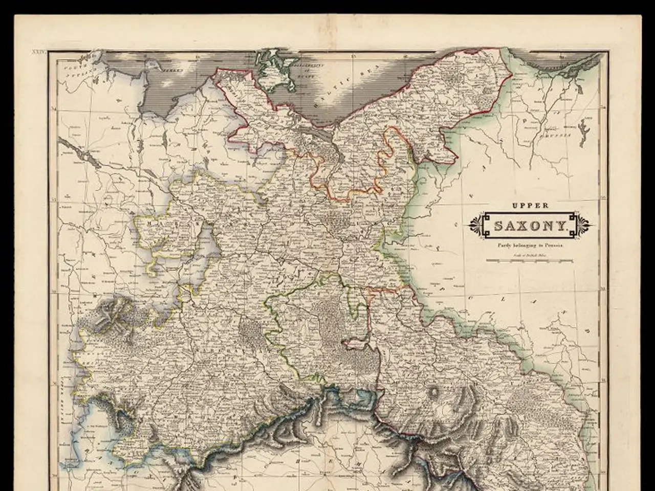 The image shows an old map of Saxony, Germany, with a black background. The map is detailed and...