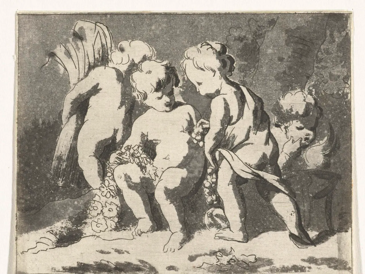 The image shows a black and white drawing of three children playing with flowers. The children are...