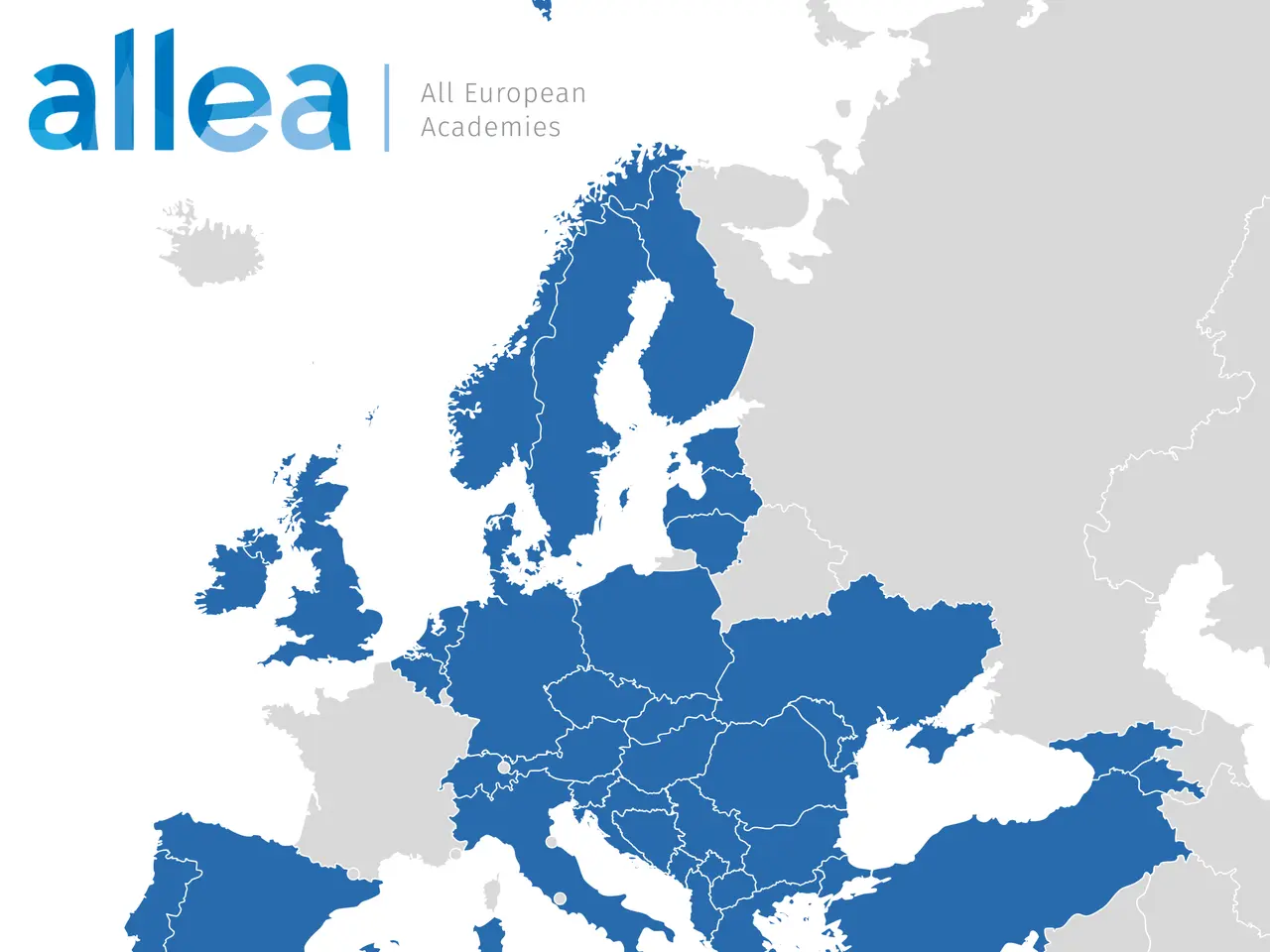 The image shows a map of Europe with all European academies highlighted in blue. The text on the...