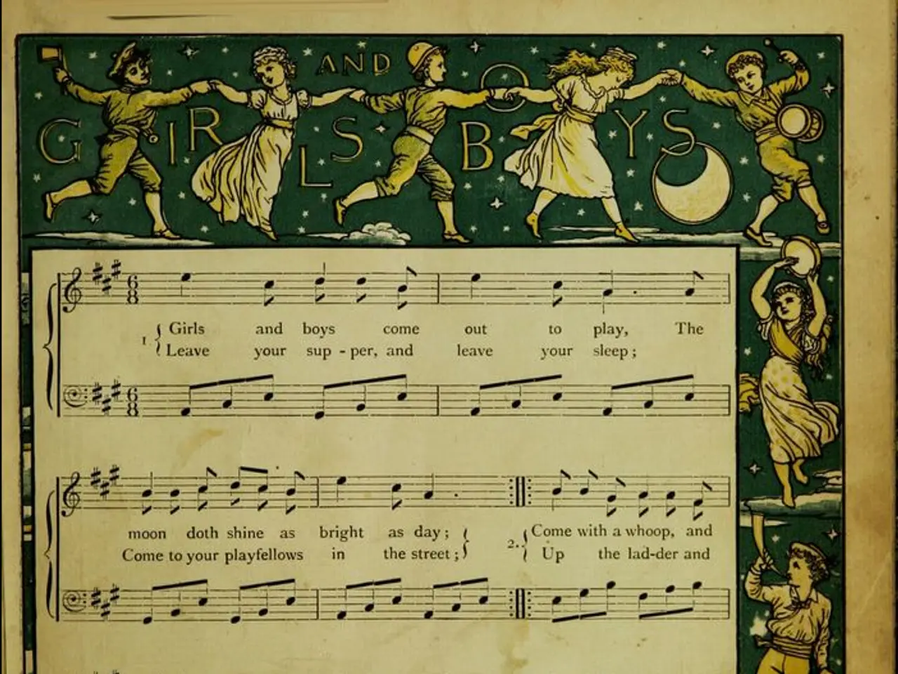 The image shows a paper with a picture of a group of children dancing joyfully, accompanied by a...