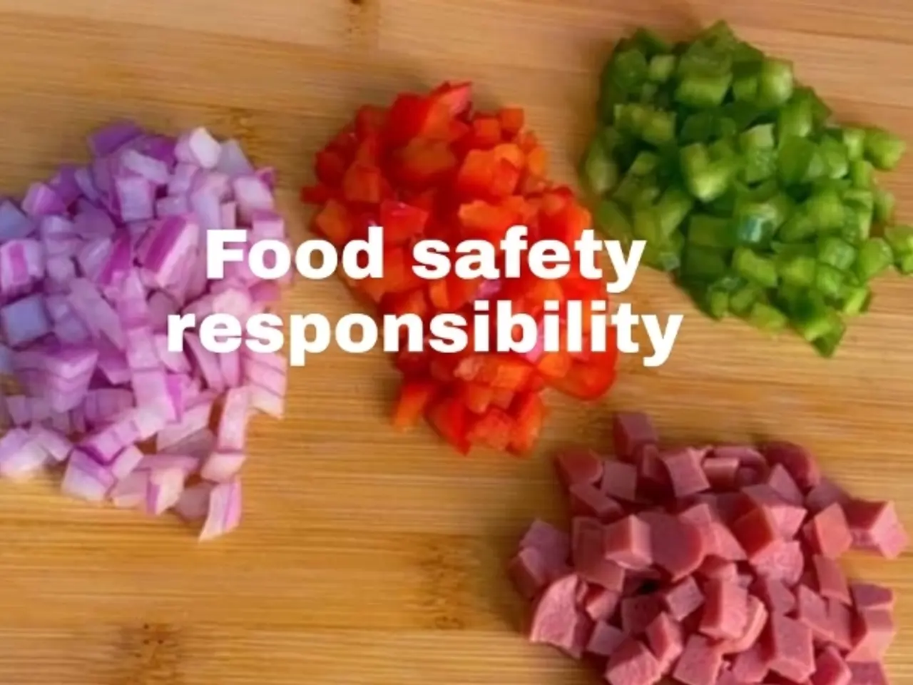 The image shows chopped vegetables on a wooden cutting board with the words "food safety...