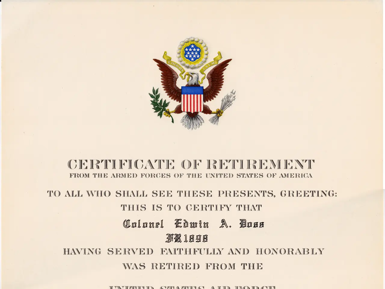 The image shows a certificate of retirement issued by the United States Air Force. It is a formal...