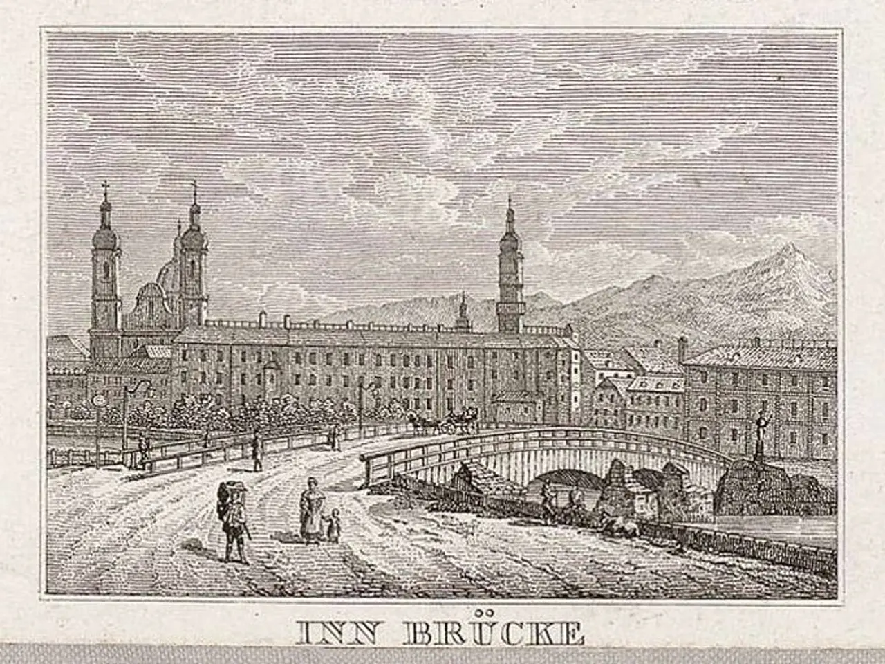 The image shows an engraving of the inn brucke in Munich, Germany. It is a black and white picture...