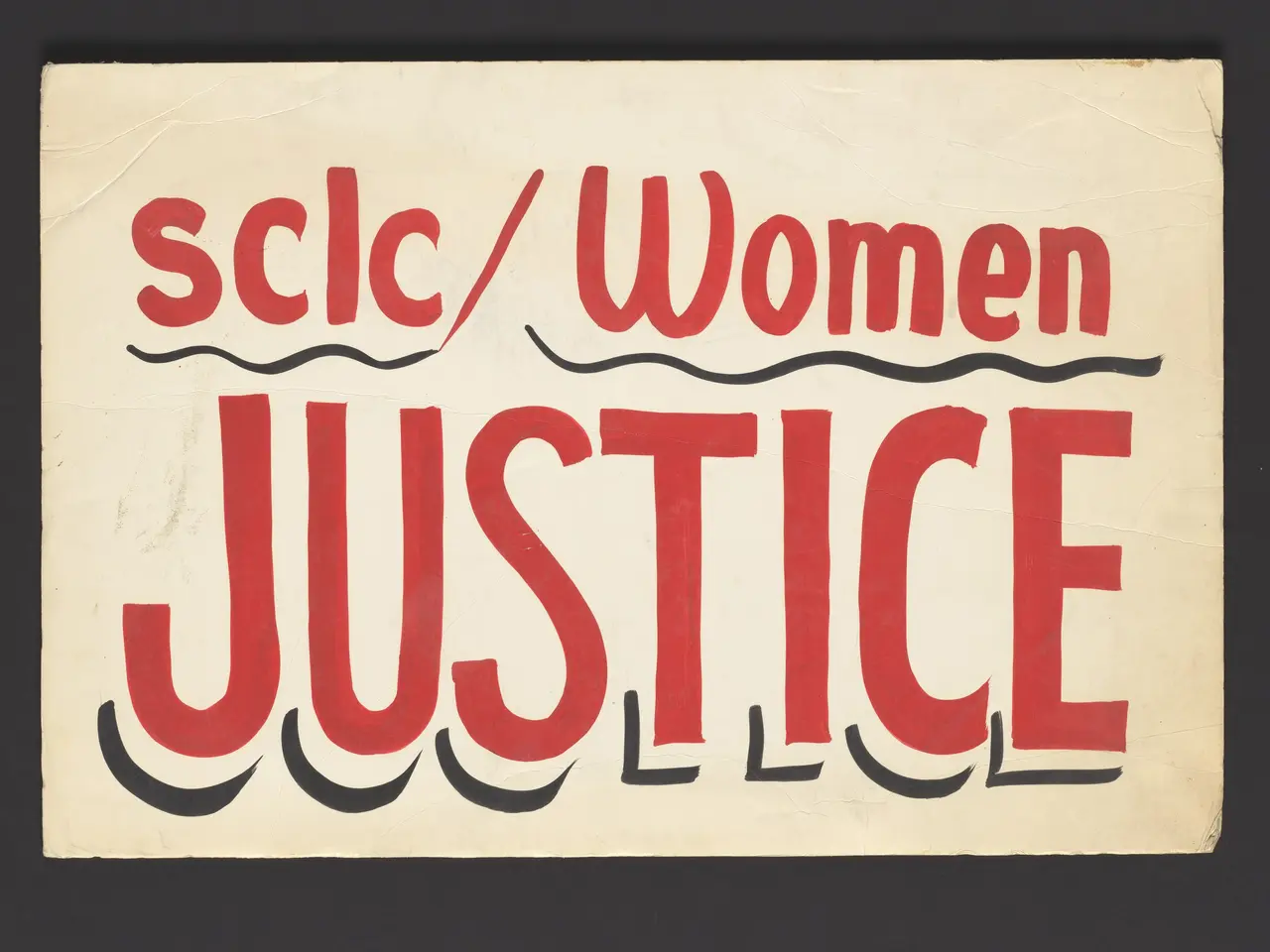 The image shows a poster with the words "scic/women justice" written in bold black lettering...