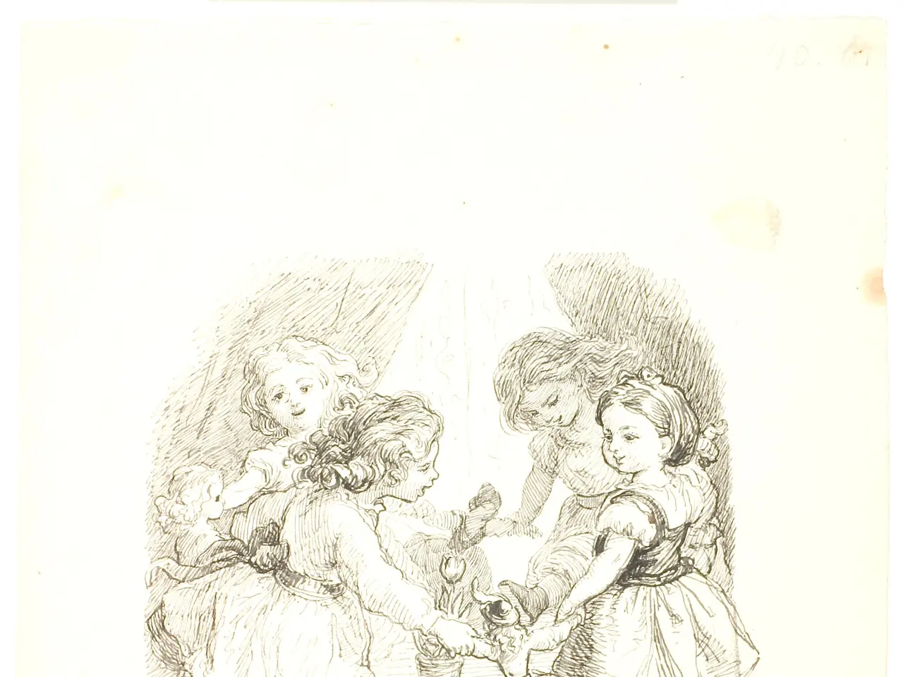 The image shows a drawing of a group of children playing with each other, with a human face in the...