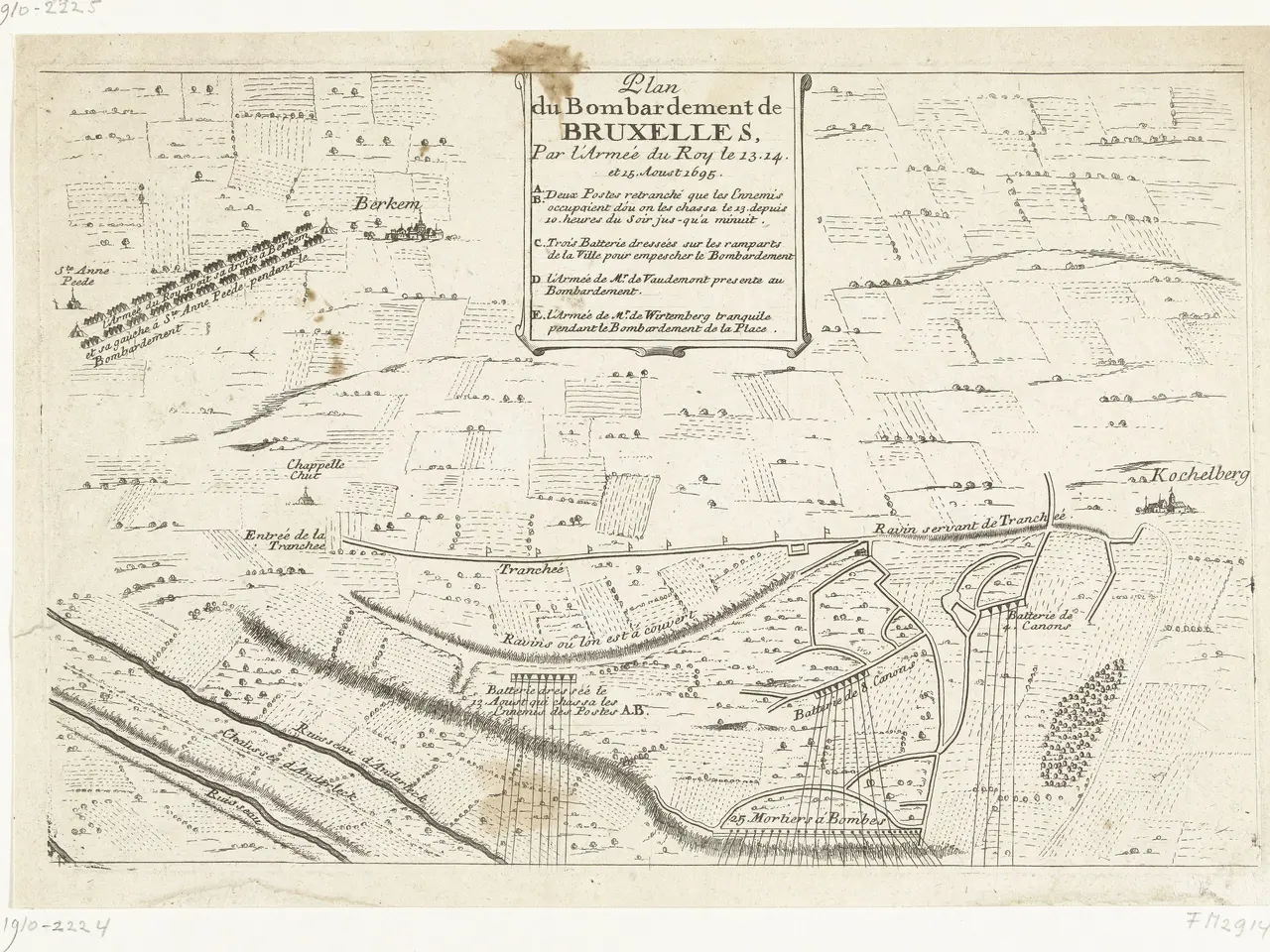 The image shows an old map of the city of Brussels, Belgium, with text written on it. The map is...