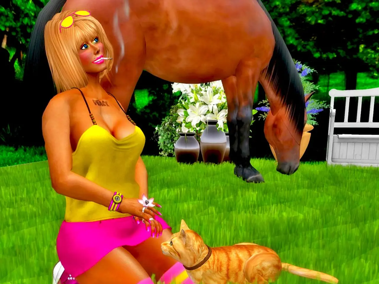 This is an animated picture. I can see a woman, there is a cat and a horse, there are plants,...