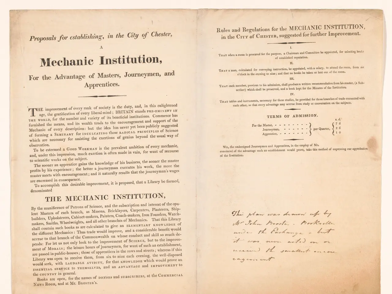 The image shows an open book with the title "Mechanic Institution, for the Advantage of Masters,...