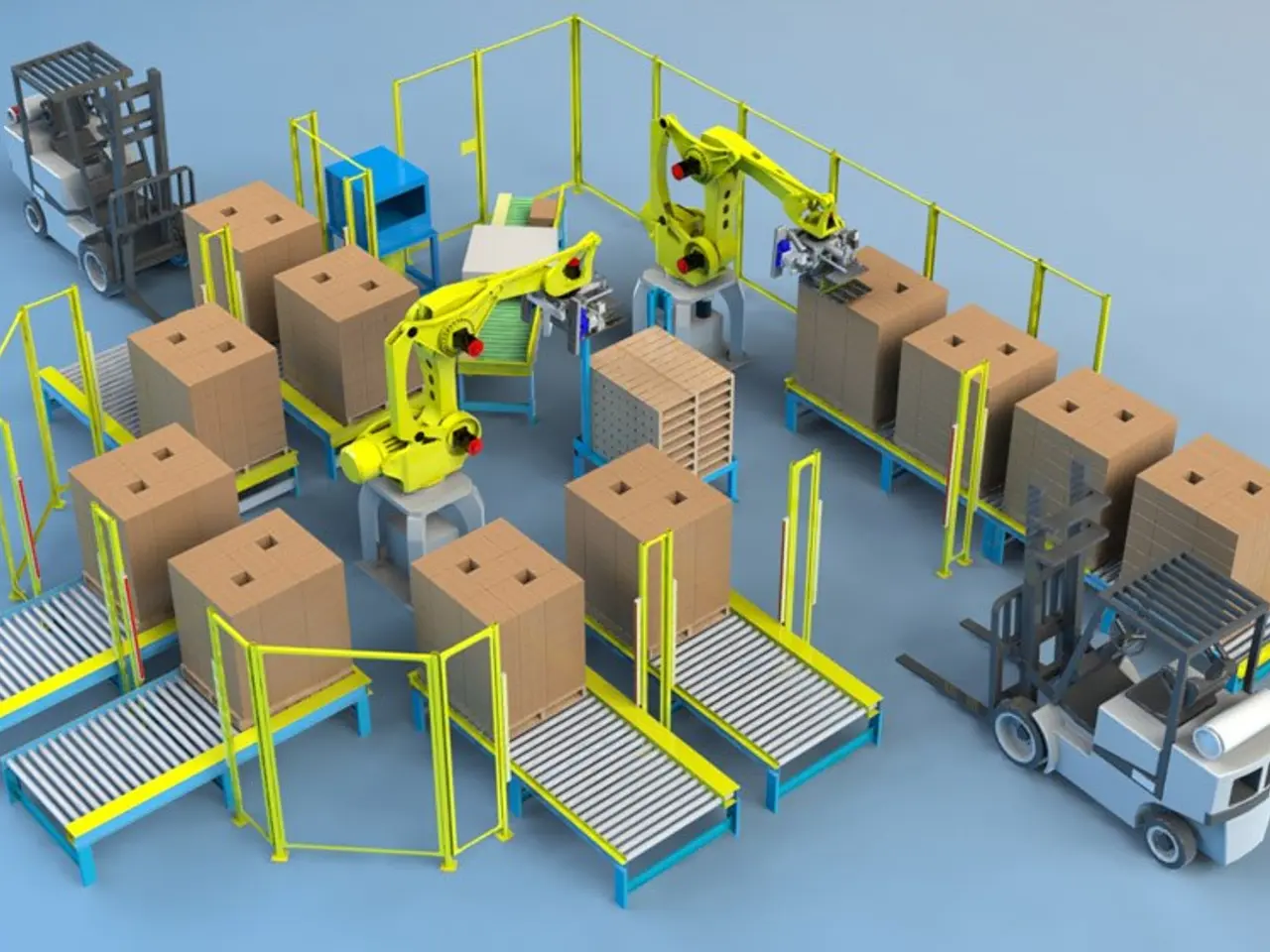 The image shows a group of robots working on a conveyor belt in a warehouse, with cardboard boxes...