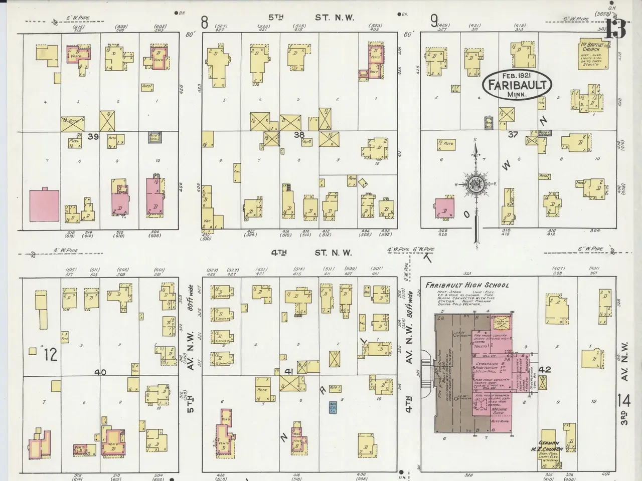 The image shows an old map of the city of St. Louis, Missouri, with the Fairbault High School in...