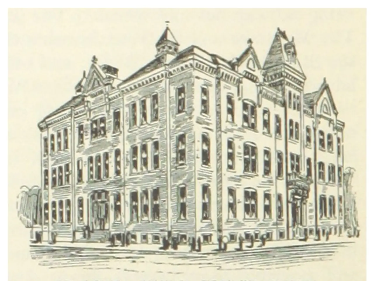 The image shows a drawing of St. Louis Manual Training School, with a few people standing in front...