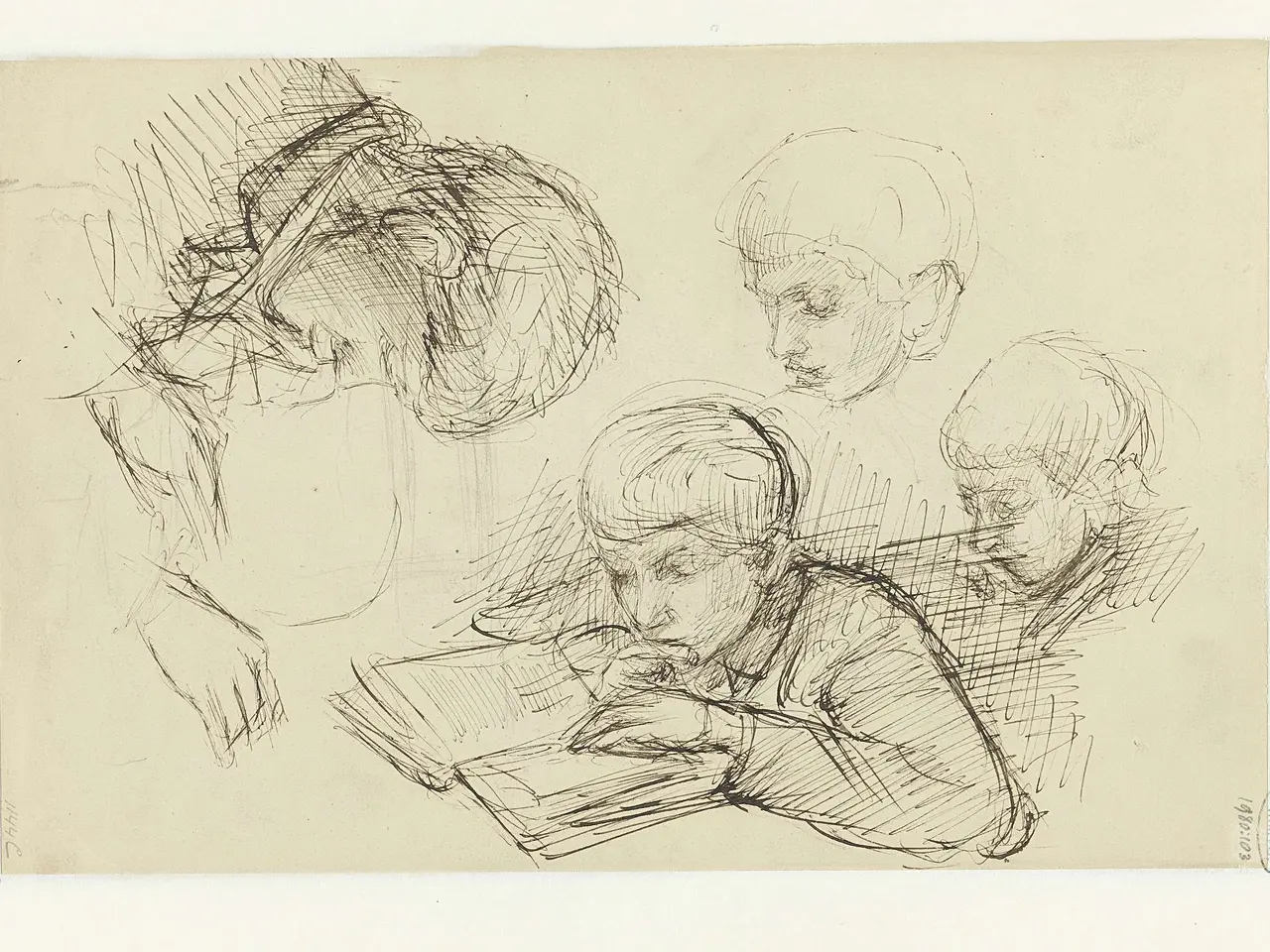 The image shows a drawing of three children sitting at a table, with one of them reading a book....
