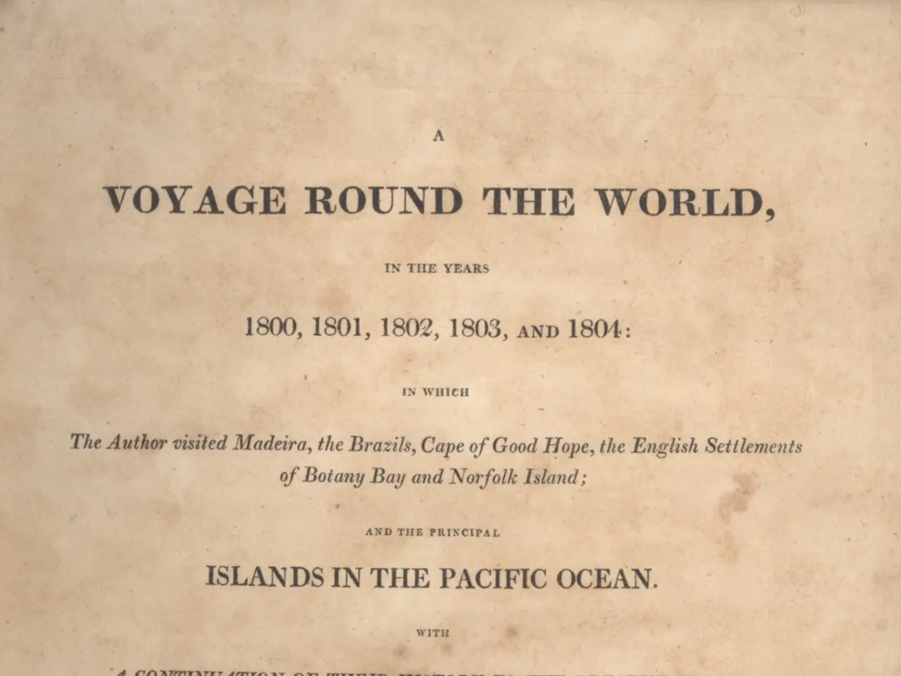The image shows an old book with the title "A Voyage Round the World, 1800, 1801, 1802, 1803, and...