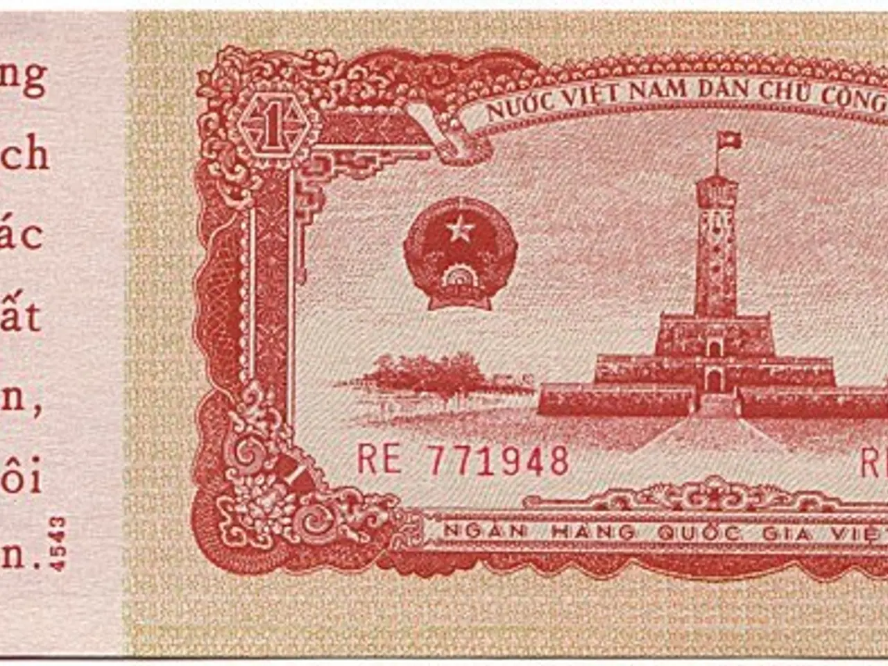 The image shows an old Vietnamese banknote with a picture of a tower on it. The text on the note...