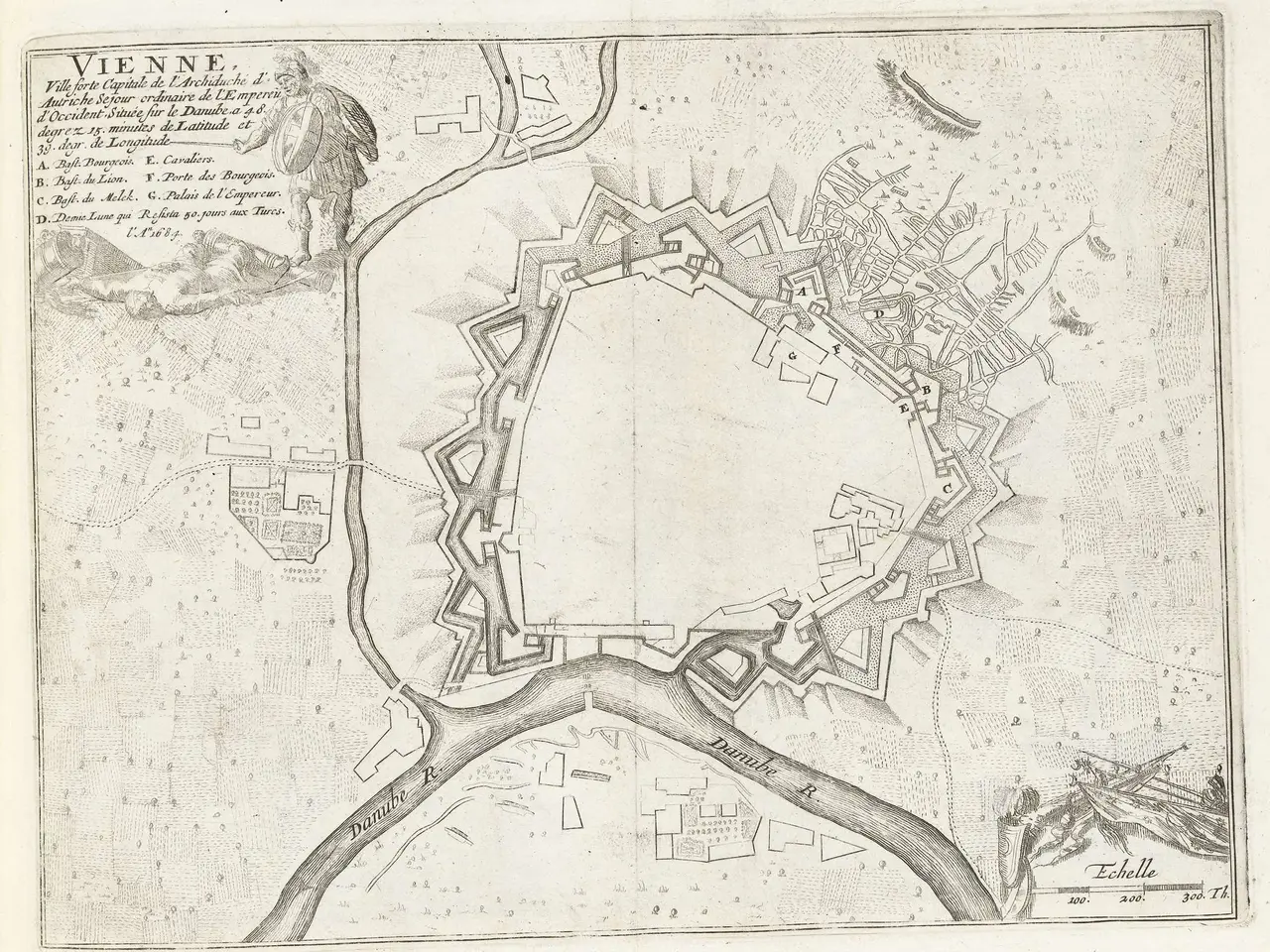 The image shows an old map of the city of Vienna, Austria, with a person standing in the center....