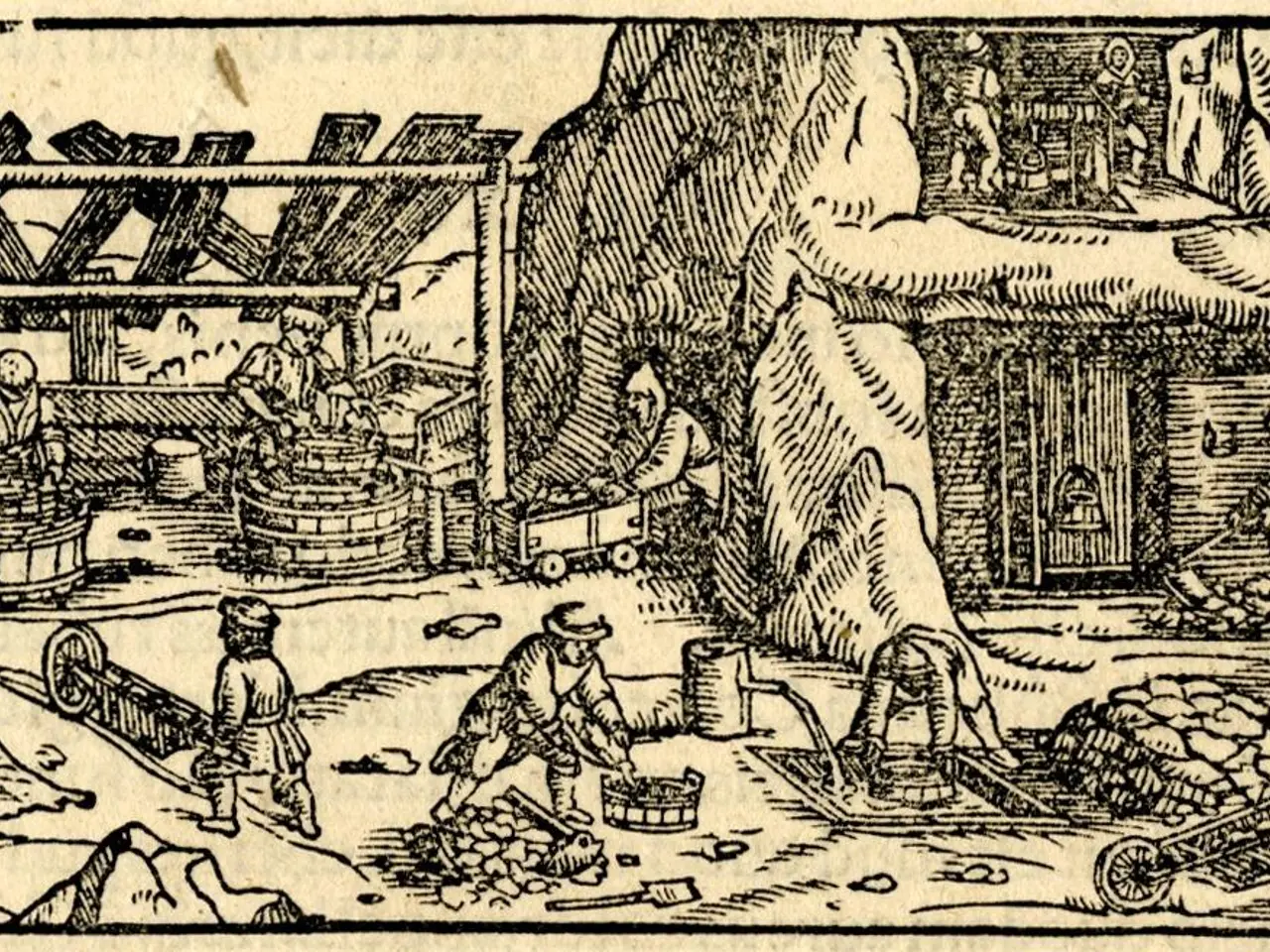 The image shows a black and white drawing of a group of people working in a coal mine, with...