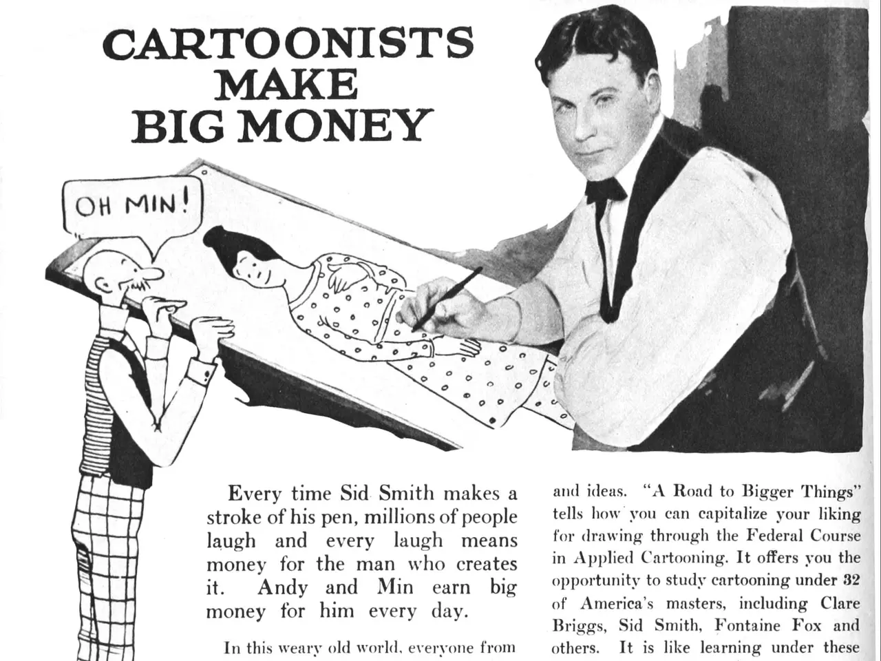 The image shows an advertisement for the Federal School of Applied Cartooning featuring a man in a...