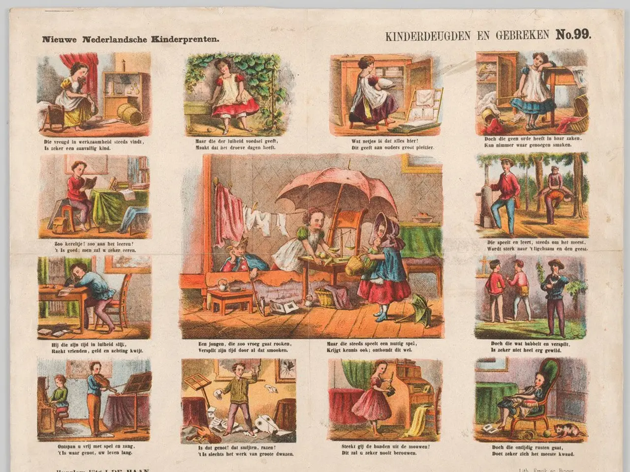 The image shows an old book with a variety of pictures of children playing in the garden. The paper...