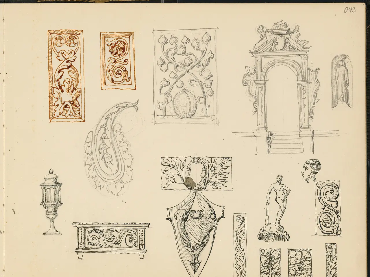 The image shows a book with a variety of designs on it, including sketches of people, sculptures,...