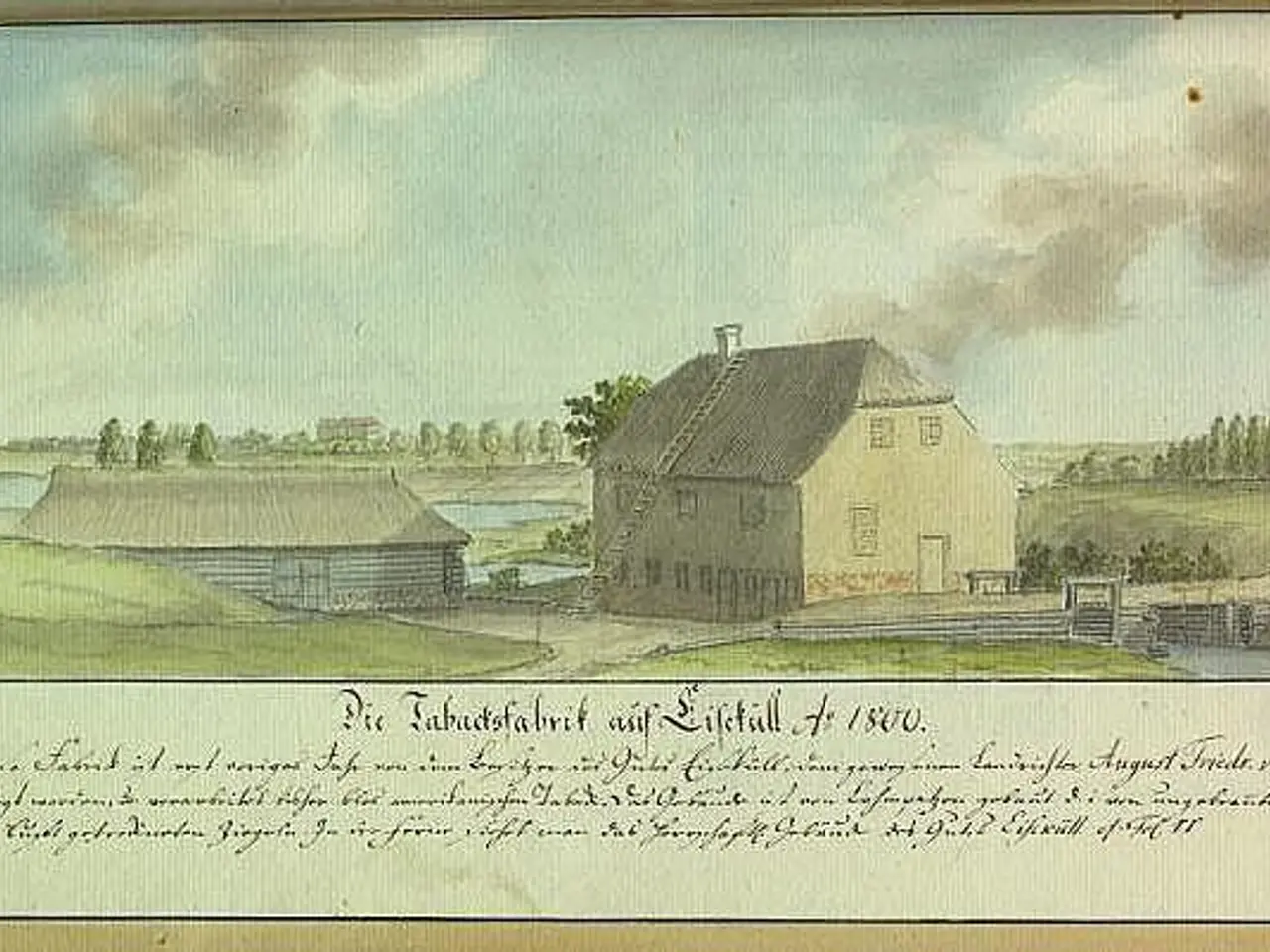 The image shows a painting of a farm in the middle of a field, surrounded by houses, trees, grass,...