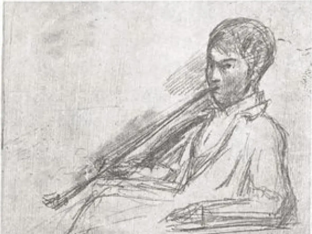 The image shows a sketch of a woman sitting at a table, playing a violin. She is wearing a white...