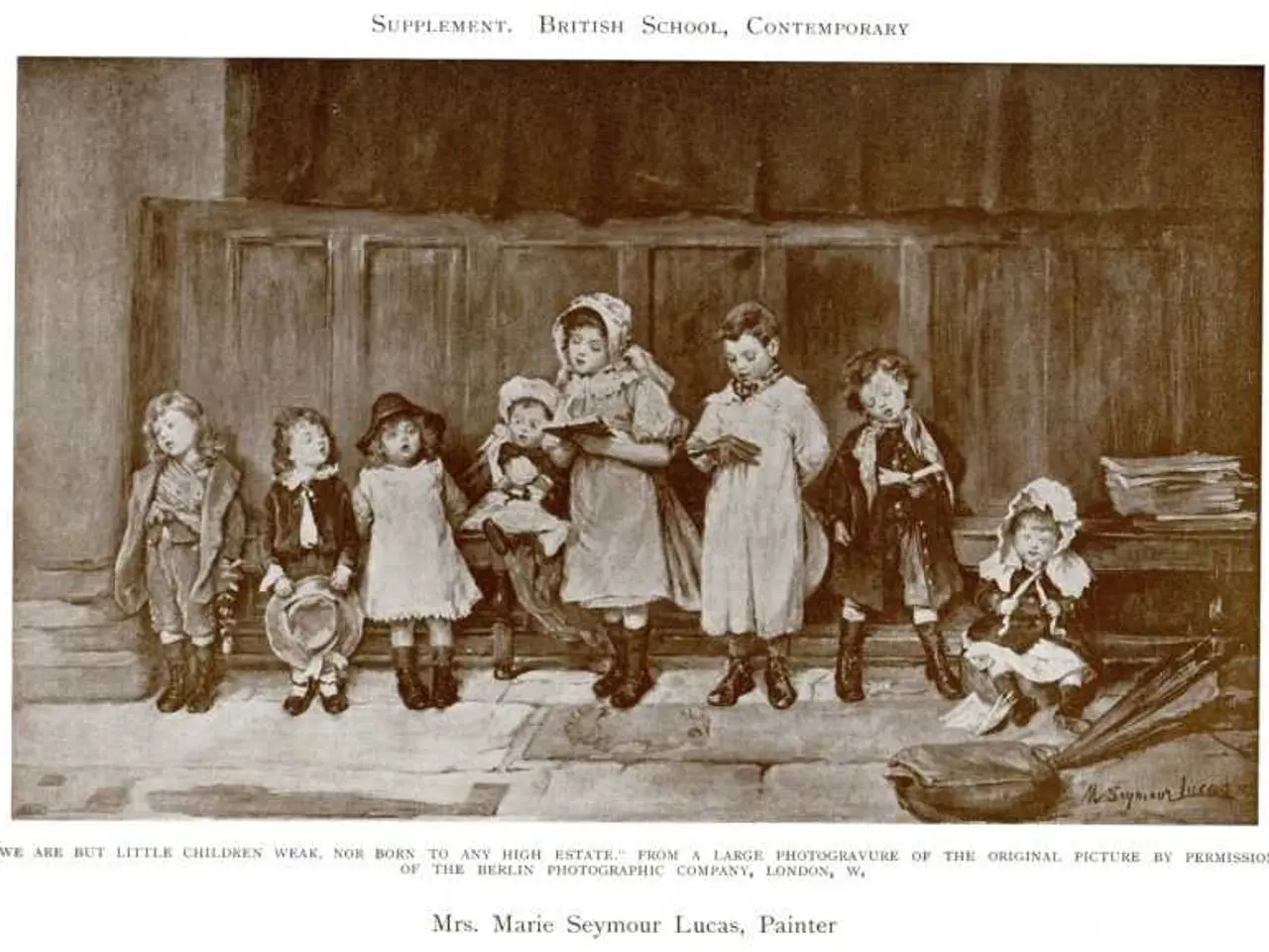 The image shows a group of children standing in front of a wooden door, with some of them holding...