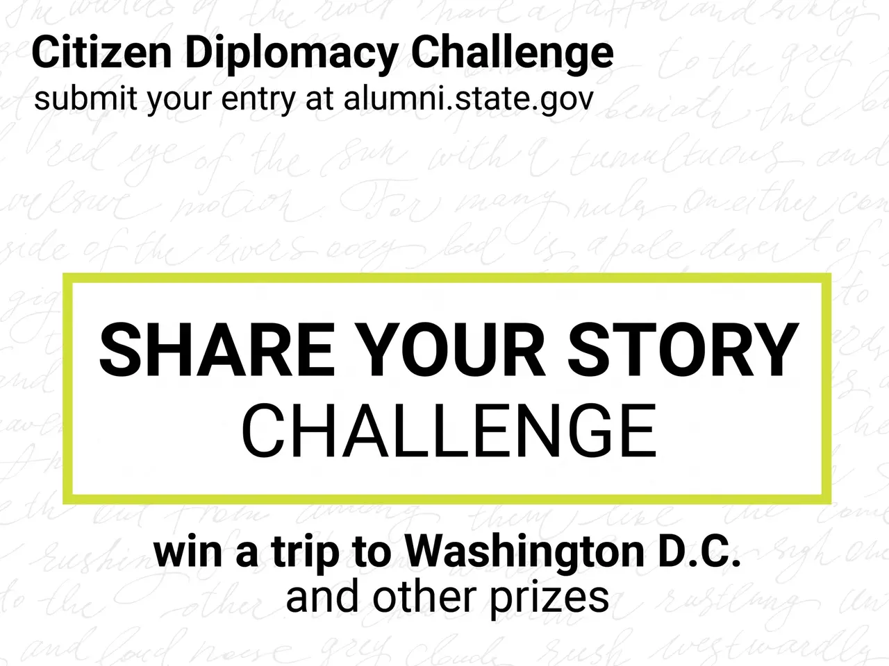 The image shows a poster with the words "Share Your Story Challenge: Win a Trip to Washington D.C."...