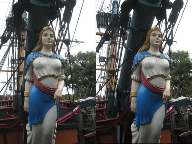 In the picture I can see the collage images. I can see the statue of a woman and parts of a sailing...