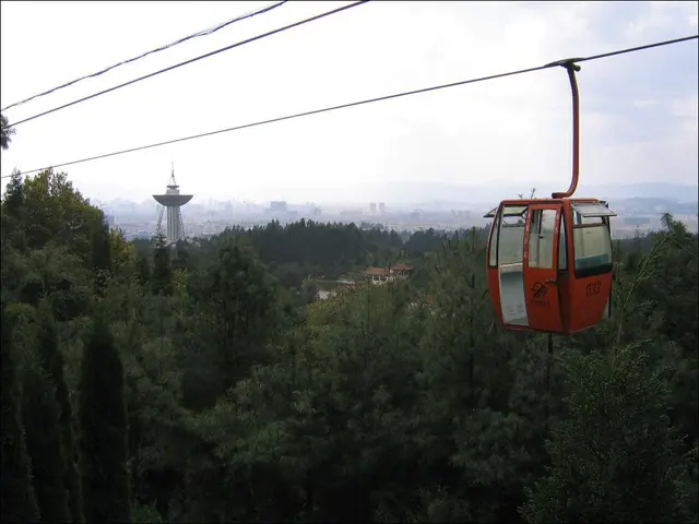 In the foreground of this image, there is a cable car moving. In the background, we see trees,...