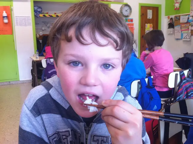The boy in front of the picture wearing grey and black jacket is eating food with chopsticks....