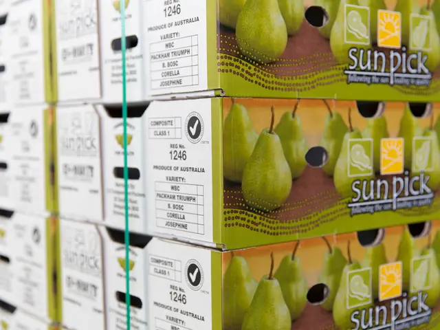 In this picture we can see boxes and on these boxes we can see some fruits and some text on it.