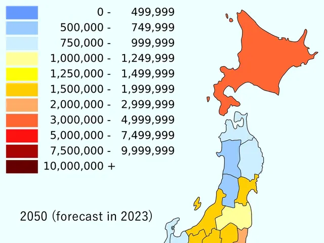 The image shows a map of Japan with different colors representing the number of people living in...