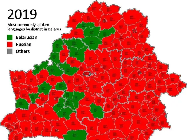 The image shows a map of Belarus with red and green colors indicating the most commonly spoken...