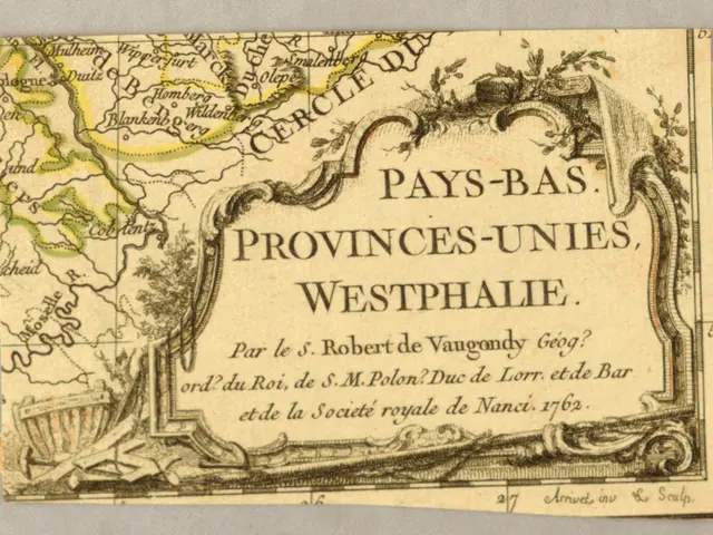 The image shows an old map of the provinces of Westphalia on a piece of paper with text written on...